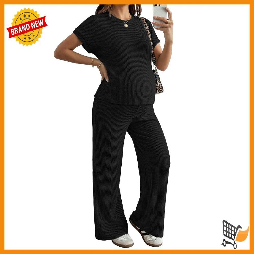 Maternity Ribbed Short Sleeve Pajama Set Lounge Wear 2 Piece Outfit